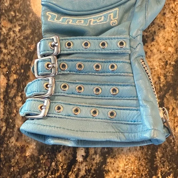 ICON Sky Blue Leather Riding Gloves - Picture 2 of 6